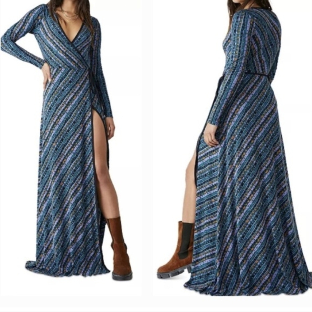Free People Phoebe Printed Wrap Maxi Dress in Dark Combo NEW Size Large NWT